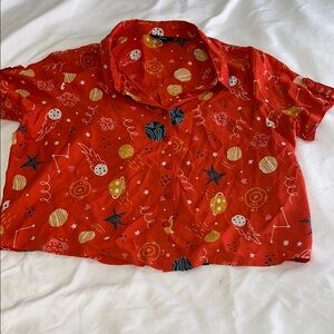 Red Space-Themed Button-Up Shirt size Large